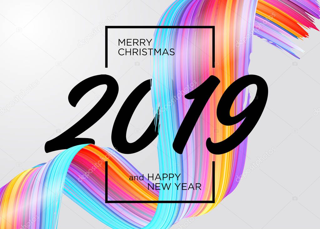 2019 Merry Christmas and Happy New Year Card Design. Vector Background with Acrylic Paint Design Element. Colorful Oil Brush Stroke Texture. Abstract Liquid Brushstroke.