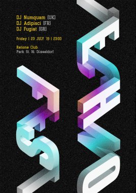 Techno müzik Fest vektör karanlık Poster. Yaz Festivali ya da gece kulübü parti el ilanı için elektronik Dj müzik kapak. İzometrik olay arka plan. Trendy geometrik şekiller. Dikey yönlendirme. 