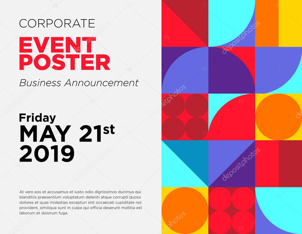 Business Announcement Vector Card. Event Poster Template with Colorful Geometric Shape. Commercial Advertisement Backdrop. Web Seminar, Business Conference, Webinar Abstract Background. Modern Design.
