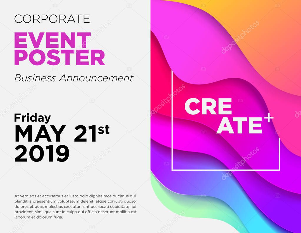 Business Announcement Vector Card. Event Poster Template with Fluid Gradient Shapes. Commercial Advertisement Backdrop. Web Seminar, Business Conference, Webinar Abstract Background. Modern Design.
