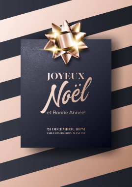 Joyeux Noel et Bonne Annee vektör kartı neşeli Noel ve mutlu yeni yıl Fransızca. Minimalist Xmas 2019 Poster şablonu koyu siyah ve Rose Altın renkleri. Sıkı, lüks, şık, zarif stil.