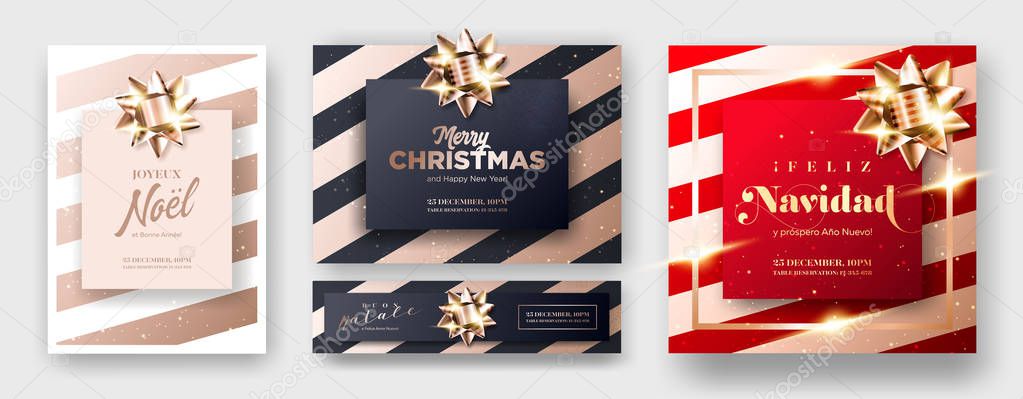 Merry Christmas 2019 Greeting Card Cover in English, French, Italian, Spanish. Set of Minimalist Xmas Poster Templates in Dark Black, Red and Rose Gold Colors. Strict, Luxury, Elegant, Modern Style.