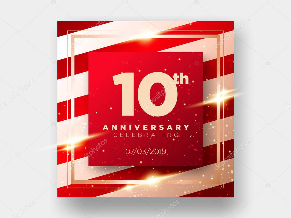 10 Years Anniversary Celebration Vector Card. 10th Anniversary Luxury Background. Elegant Layout for Greeting Card, Party Invitation. Design Template for Congratulations.