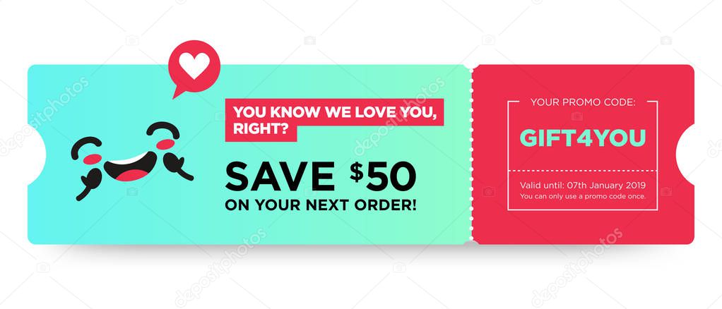 Vector Gift Voucher with Coupon Code. Fast Food Restaurant Certificate Template with Cute Funny Asian Character. Japanese Kawaii Design with Happy Face Emoji. Discount Offer Graphic with Promo Code. 