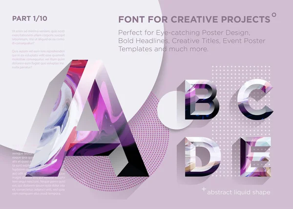 Eenvoudige abstracte geometrische lettertype. Perfect voor vet krantenkoppen, poster ontwerpen, creatieve titels, evenement poster sjabloon. Schoon, modern en futuristisch lettertype met vloeibaar verf patroon. Levendige typografie. — Stockvector