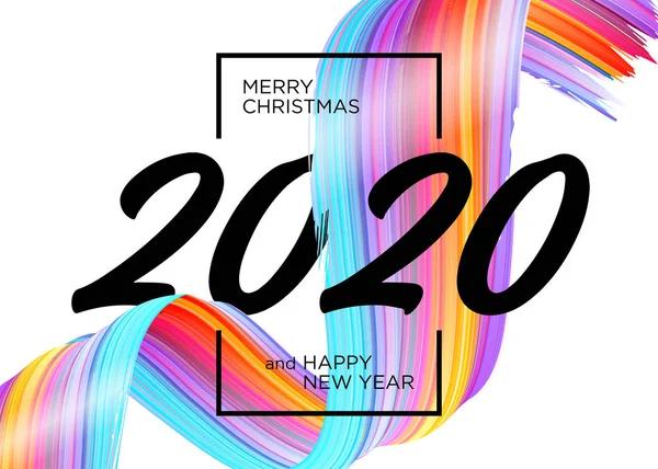 2020 Happy New Year Background Design. Vector Greeting Card with Abstract Gradient Brushstroke. Colorful Illustration for 2020 Christmas Calendar, Poster, Social Media Template. Xmas Design Element. — Stock Vector