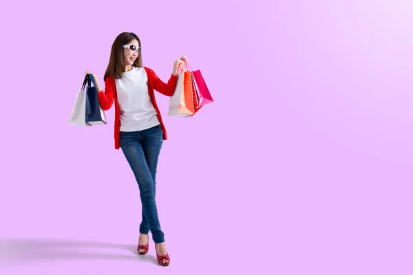 Young Happy Summer Shopping Woman Shopping Bags Isolated Portrait Young — Stock Photo, Image