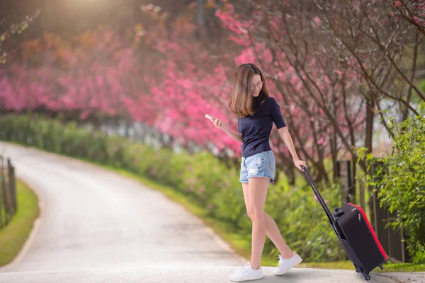 Woman traveler with suitcase in the park — Stock Photo, Image