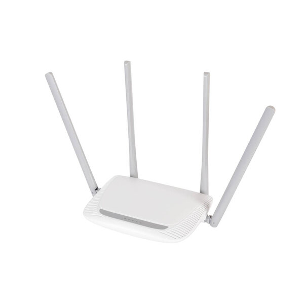 Networking hardware - Wi-Fi router on a white background. It is isolated, the worker of paths is present.