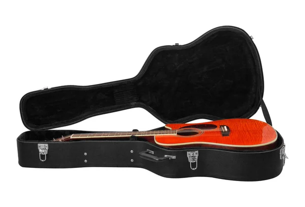 Musikinstrument Orange Akustisk Gitarr Hård Väska Vit Bakgrund Som Isolerade — Stockfoto