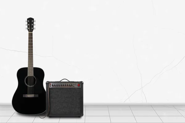 Instrumento Musical Interior Del Hogar Guitarra Acústica Negra Amplificador Fondo — Foto de Stock