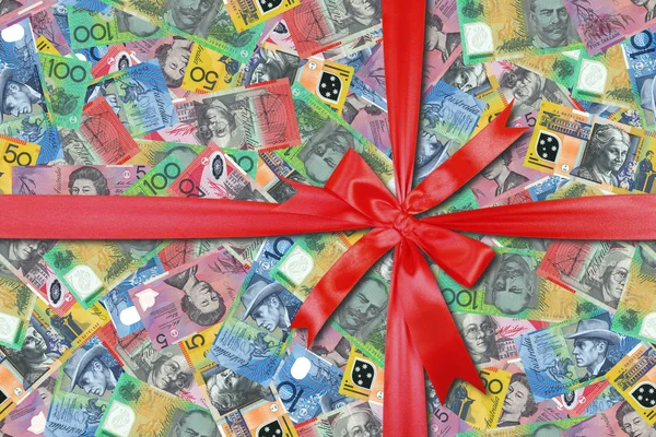 Kunterbunten Hintergrund Aus Chaotisch Verstreuten Australischen Dollarnoten Geschenk Gebunden Rote — Stockfoto