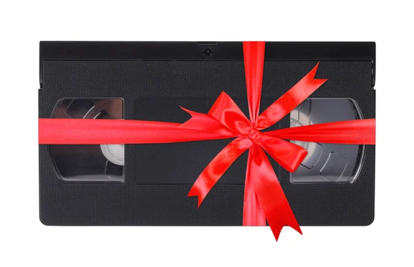 Old Obsolete Video Cassette Vhs Gift Tied Red Bow White — Stock Photo, Image