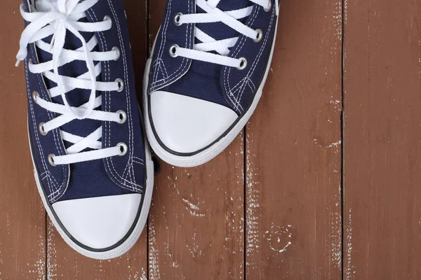 Roupas Sapatos Acessórios Vista Superior Fragmento Closeup Par Azul Gumshoes — Fotografia de Stock