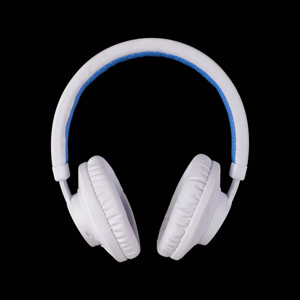 Musikanlage Weiß Blauer Drahtloser Kopfhörer Auf Schwarzem Hintergrund — Stockfoto