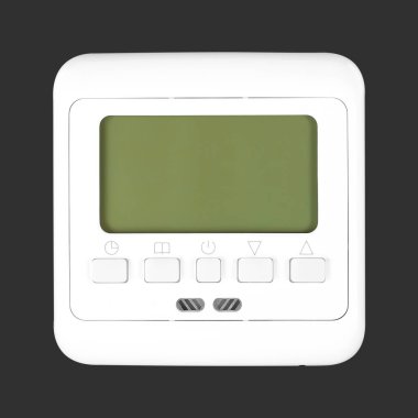 Elektrik şebekesi - gri bir arka plan üzerinde izole ön görünüm beyaz termostat soket anahtarı