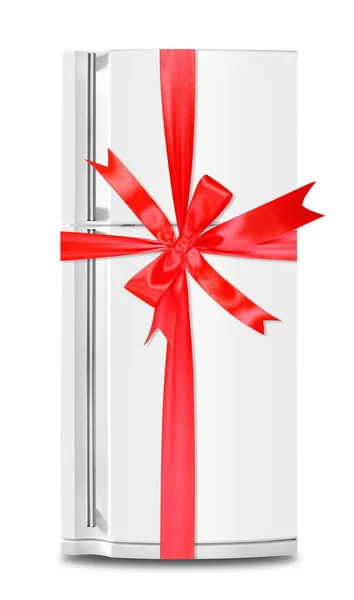Major Appliance Refrigerator Fridge Gift Tied Red Bow White Background — Stock Photo, Image