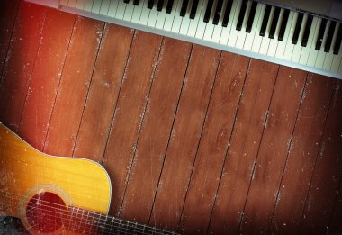 Müzik aleti - Midi klavye ve akustik gitar ahşap geri