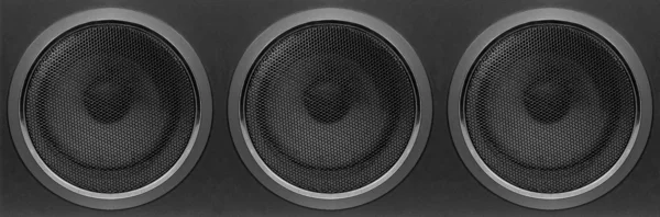 Musica e suono - Vista frontale tre bassi Subwoofer altoparlanti enclos — Foto Stock