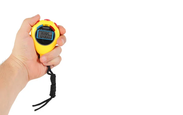 Equipamiento deportivo - Cronómetro amarillo en una mano —  Fotos de Stock