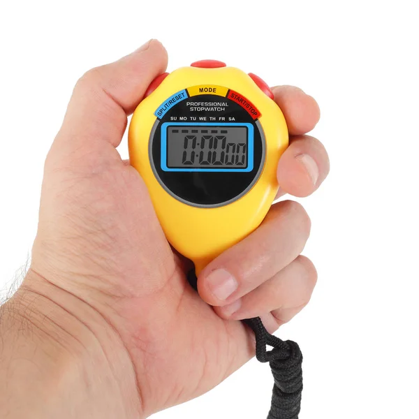 Sportovní vybavení-žlutý Stopwatch v ruce — Stock fotografie