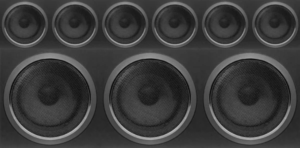 Música y sonido - Vista frontal tres graves Subwoofer y seis altavoz — Foto de Stock