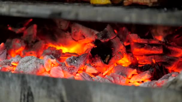 Brandende kolen in de barbecue — Stockvideo