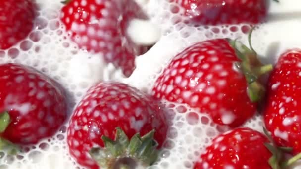 牛奶中的草莓 慢动作 — 图库视频影像