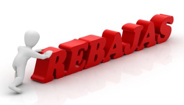 Beyaz arkaplanda indirimli metni olan 3d yorumlayıcı kişi