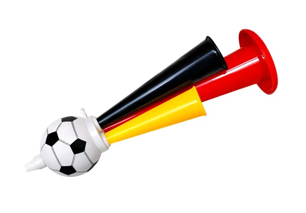Beyaz arka plan üzerinde renkli plastik futbol fan düdük