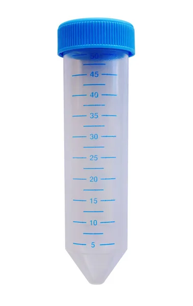 Disposable Plastic Tube Scale Blue Lid White Background — Stock Photo, Image