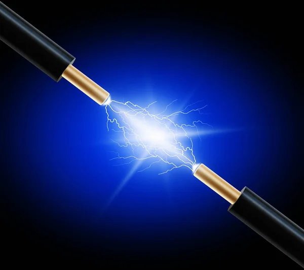 A bright electrical discharge between two wires on a dark background