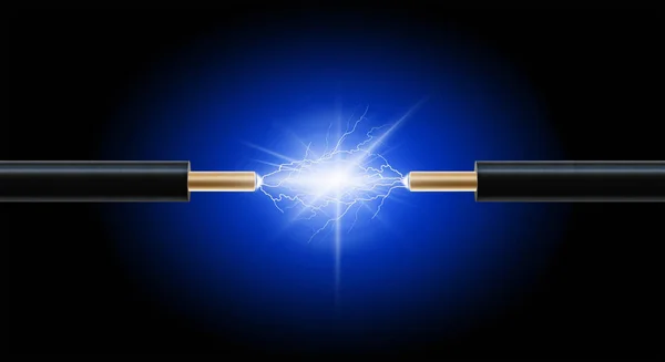 Karanlık bir arka plan üzerinde iki tel arasında parlak bir elektrik deşarj