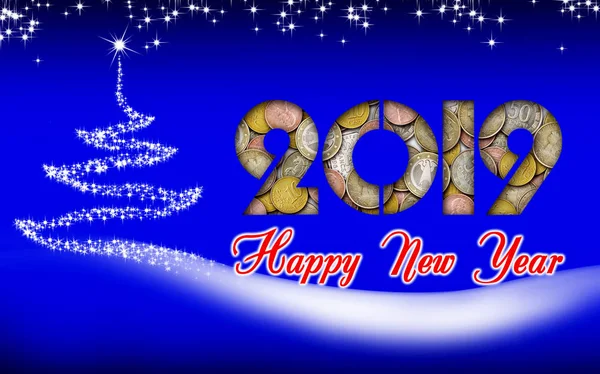 New Year greeting card with cut out year on coins
