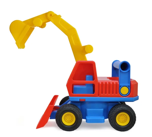 Children Toy Excavator Made Colored Plastic White Background — Stock Photo, Image