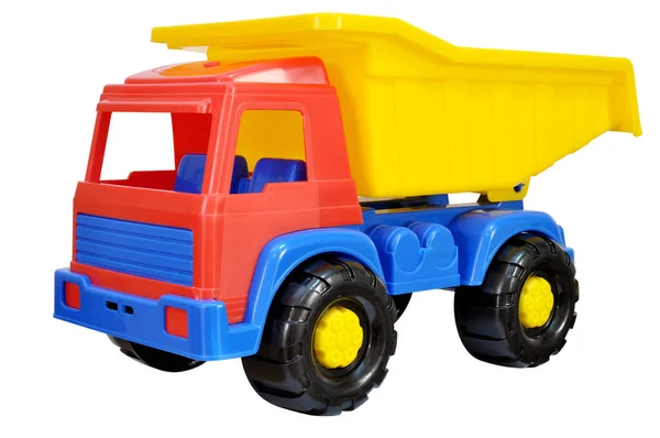 Toy Dump Truck Made Colored Plastic White Background — Stock Photo, Image