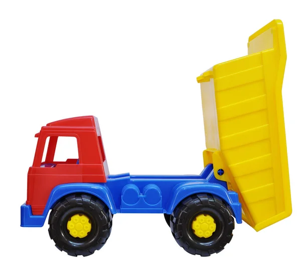 Toy Dump Truck Con Corpo Rialzato Plastica Colorata Sfondo Bianco — Foto Stock