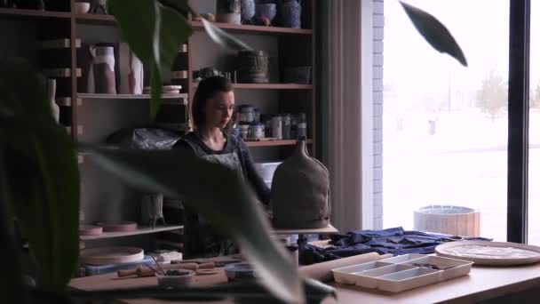 A beautiful woman ceramist looks at the work done by herself dolly shot — Stock Video