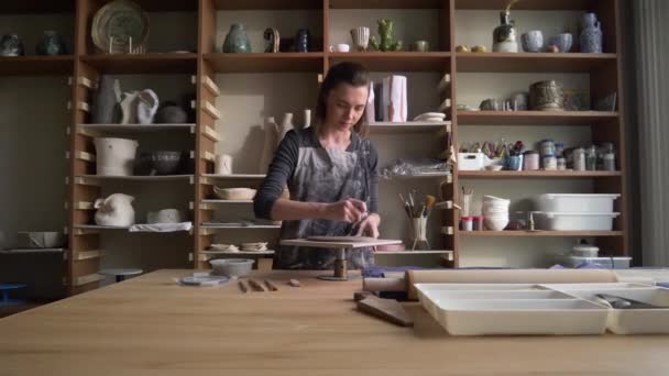 Mulher bonita ceramista hidrata produtos de borda para ligação, dolly shot — Vídeo de Stock