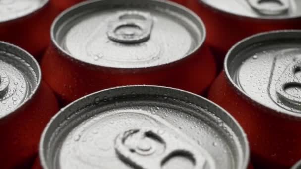 Top view water droplets on red can of soda or beer rotate background — Stock Video