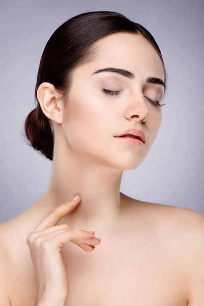 Closeup portrait of sexy whiteheaded young woman with beautiful green eyes isolated on a light - grey background, emotions, cosmetics — Stock Photo, Image