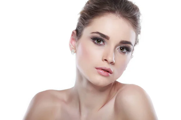 Closeup portrait of sexy whiteheaded young woman with beautiful blue eyes isolated on a white background, emotions, cosmetics Stock Picture