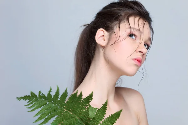 Hermosa chica con hoja de helecho, aislada sobre un fondo gris claro, emociones, cosméticos Fotos de stock