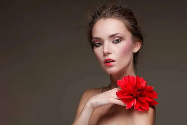 Hermosa chica, aislada sobre un fondo oscuro gris con flores rojas, emociones, cosméticos —  Fotos de Stock