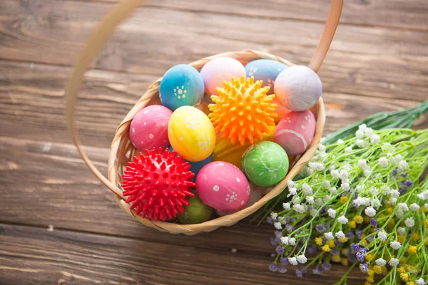Virus Model Coronavirus Disease Covid Colorful Easter Eggs Basket Flowers — Stock Photo, Image