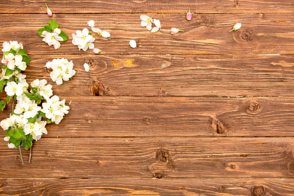 Flores Primavera Ramos Macieira Florescentes Fundo Madeira Rústica Vista Superior — Fotografia de Stock