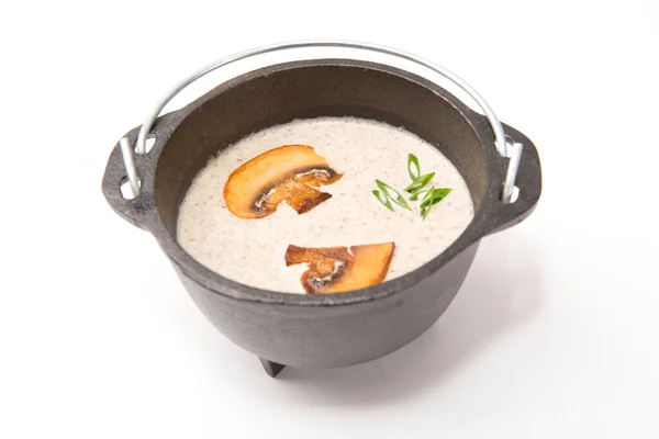 Mushroom Soup Brutal Rustic Black Metal Pot White — Stock Photo, Image