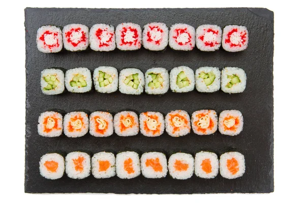 Großes Set Von Japanischem Nigiri Und Rollsushi Auf Schwarzer Oberfläche — Stockfoto