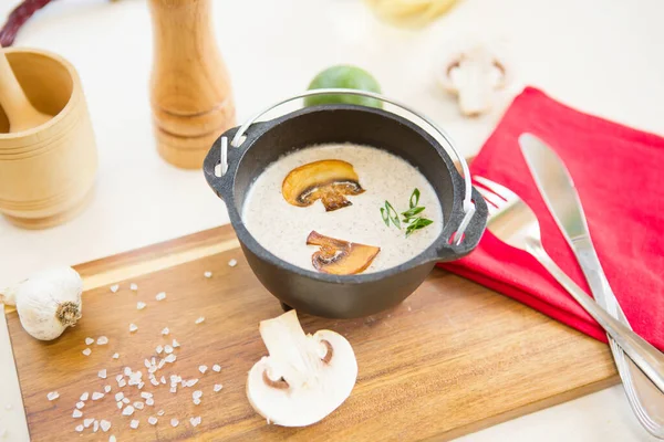 Bowl Mushroom Cream Soup Decorated Sliced Champignons — Stock Photo, Image