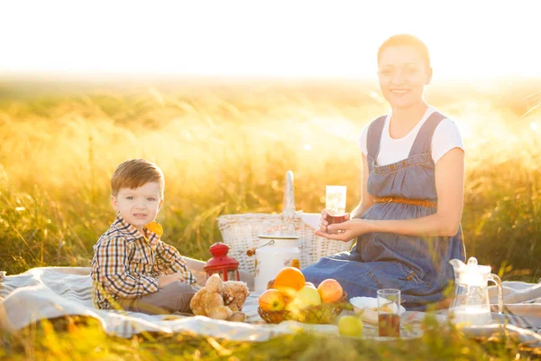 Kisfiú Terhes Anyja Piknikeznek Egy Gyönyörű Őszi Vagy Nyári Napon — Stock Fotó